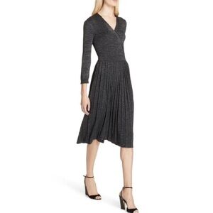 Kate Spade Metallic Dashing Beauty Knit V Neck Pleated Skirt Sweater Dress Sz XS